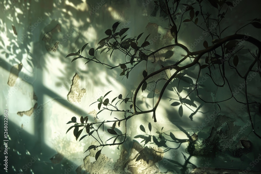 Poster shadows and sunlight create a serene ambiance in an old room with peeling walls and leafy vines at g