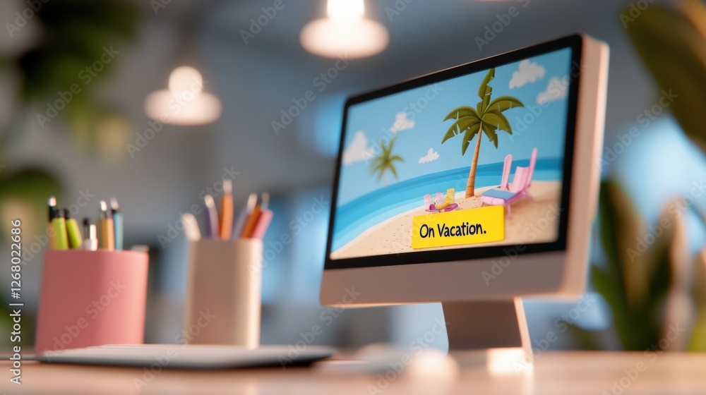 Poster computer screen with on vacation message on beach background