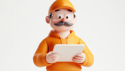 A Stylized Cartoon Character wearing an Orange Jacket holding a Tablet Device in hand
