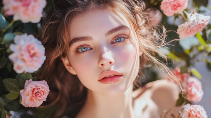 Obraz premium Young woman with striking blue eyes surrounded by blooming roses in a garden setting