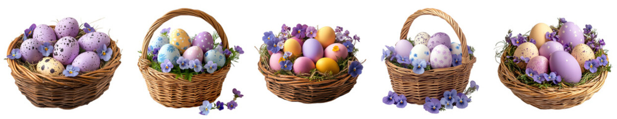 Naklejka premium Colorful Easter egg baskets decorated with delicate spring flowers and natural elements
