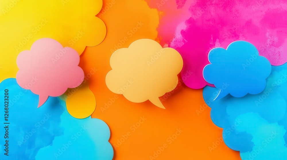 Poster an artistic display of colorful cloud shapes on a bright backdrop, representing thoughts, feelings, 
