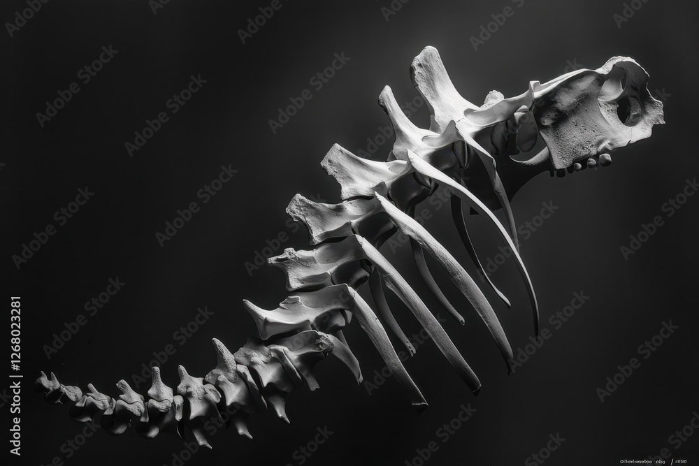Poster Detailed view of a whale skeleton highlighting the vertebral column displayed in a museum setting with soft lighting