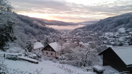 Snowy Village Sunset Over Foggy Mountain Valley