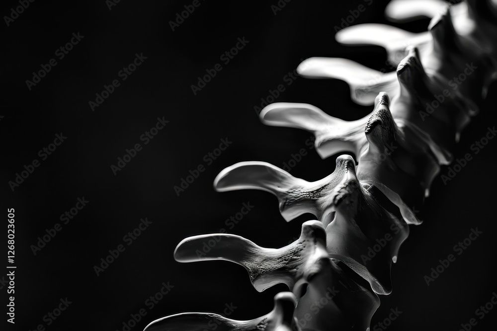 Poster Detailed view of a whale skeleton highlighting the vertebral column displayed in a museum setting with soft lighting