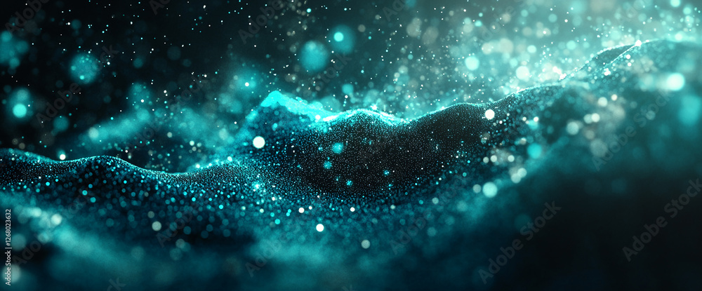 Poster close-up of glowing turquoise particles floating in the air, resembling a cosmic scene, showcasing a