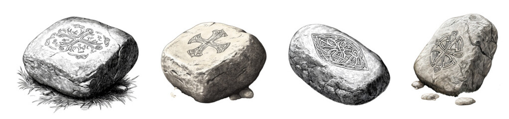 Obraz premium Decorative engraved stones showcasing intricate designs and natural textures