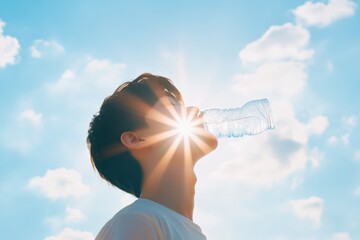 Person Drinking Water Under Bright Blue Sky
