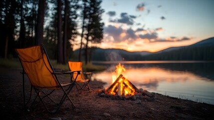 Evening campfire gathering by the lake nature scene relaxation setting outdoor environment warm glow tranquil concept
