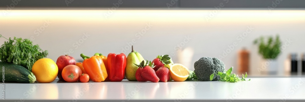Aufkleber Fresh vegetables and fruits arranged on a kitchen countertop in a modern setting. Generative AI