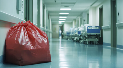 Biohazard bag in hospital corridor. Medical waste management in healthcare facility. Infectious waste disposal protocol, ensuring safety and hygiene.