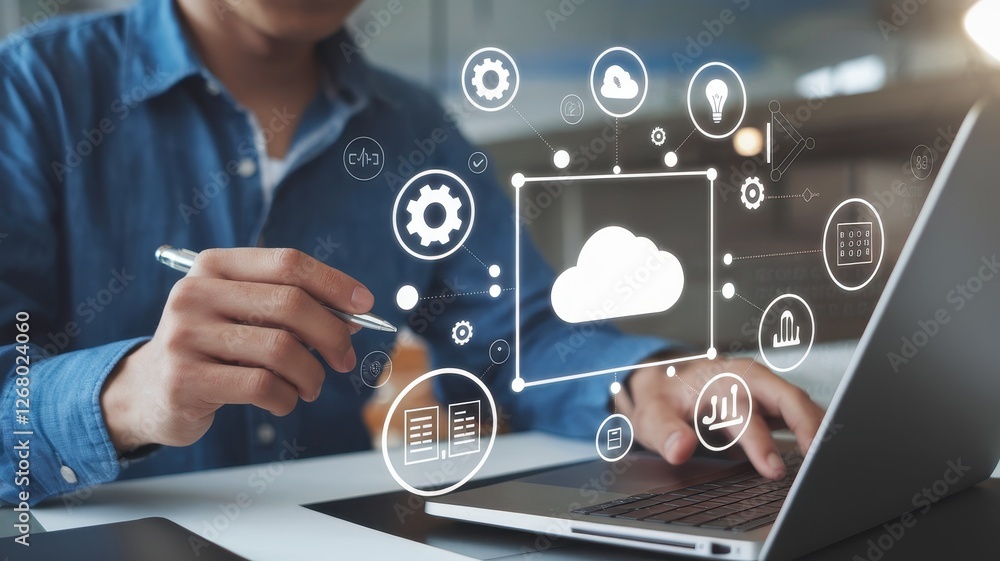 Poster man uses laptop illustrating cloud computing and digital technologies