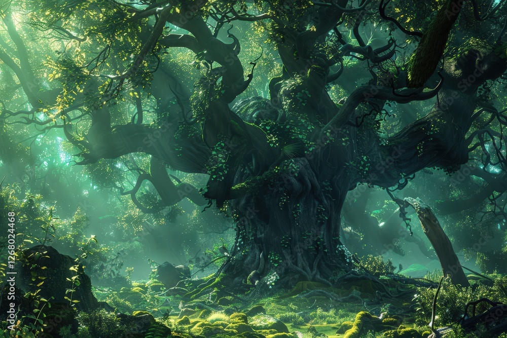 Poster Majestic ancient tree surrounded by lush greenery and soft sunlight in a tranquil forest setting