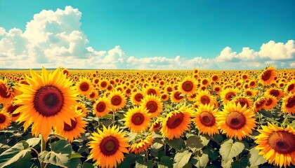 Fototapeta premium Un campo de girasoles bajo un cielo azul con nubes blancas