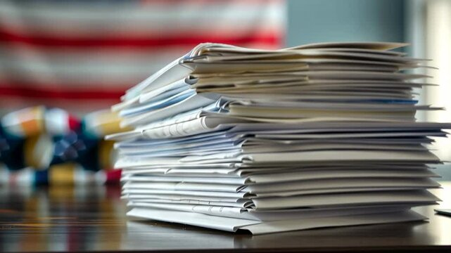 A neatly stacked pile of U.S. election ballots, symbolizing the democratic process, civic engagement, and the importance of voting in American elections.