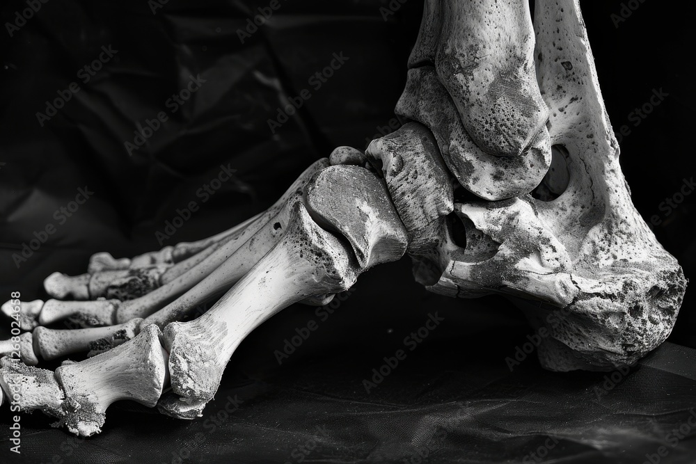 Poster detailed view of a human skeletal foot highlighting bones and joints with dramatic lighting and text