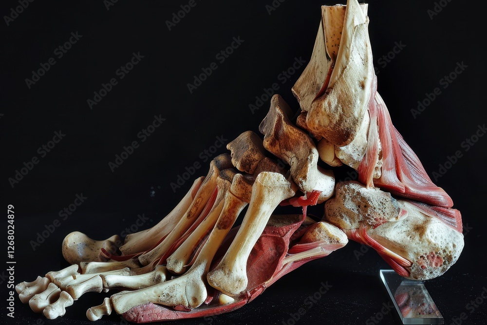 Poster detailed view of a human skeletal foot highlighting bones and joints with dramatic lighting and text