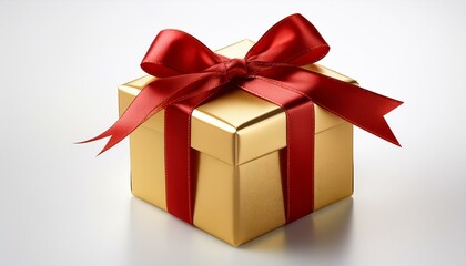Obraz premium small golden gift box with red ribbon and bow isolated on white background perfect for christmas birthday or anniversary celebration