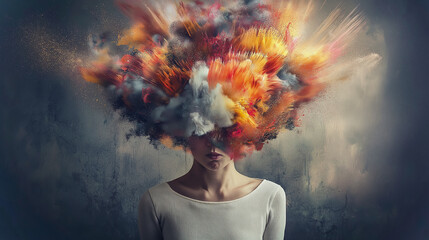 Young Woman’s Head Exploding into a Vivid, Colorful Burst, Symbolizing Overwhelming Thoughts, Stress, Anxiety, and Deep Emotional Struggles in a Surreal and Expressive Conceptual Illustration