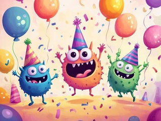 Cheerful Happy Birthday Card Design Featuring Adorable Monster Characters in Party Hats Vibrant Balloons and Playful Illustrations for Festive Celebrations