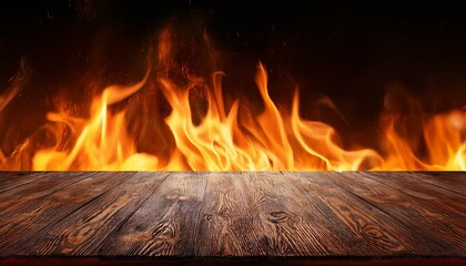 empty wooden table with fiery flames background hot and spicy food promotion digital illustration
