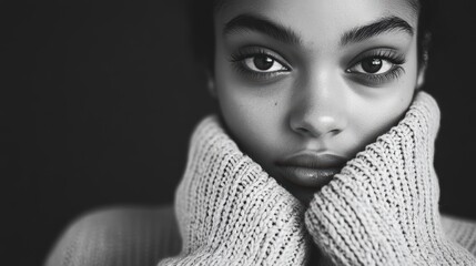 Young Woman In Knitted Sweater Gazing Directly Ahead