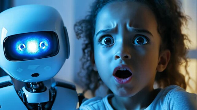 A shocked black child girl and robor expressing amazement while looking at camera