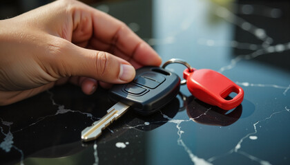 Hand holding car key with red keychain on glossy marble table, elegance