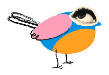 Doodle bird cut out element with halftone collage female eye. Paper clipping shape and scribbles. Modern retro grunge sticker vector illustration for mixed media design