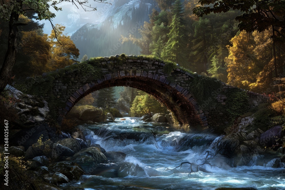 Poster water flows gently beneath a stone bridge in a tranquil forested area during early morning fog near 