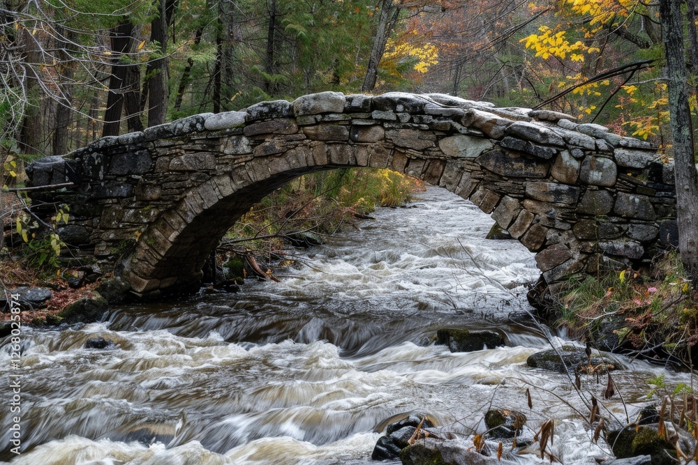 Poster water flows gently beneath a stone bridge in a tranquil forested area during early morning fog near 