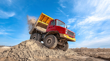 Obraz premium Heavy-duty dump truck unloads a fresh load of earth against a blue sky. Powerful machinery for construction or quarry work, showcasing earthmoving capabilities.