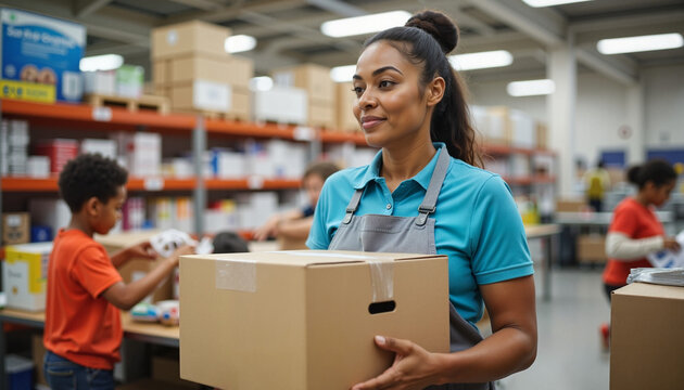 Smiling Black woman carrying donation box in busy donation center, community support