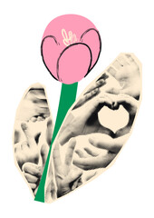 Pink tulip flower cut out element with halftone collage hands on leaves. Paper clipping, spring floral paper sticker with scribbles. Modern retro grunge vector illustration for mixed media design