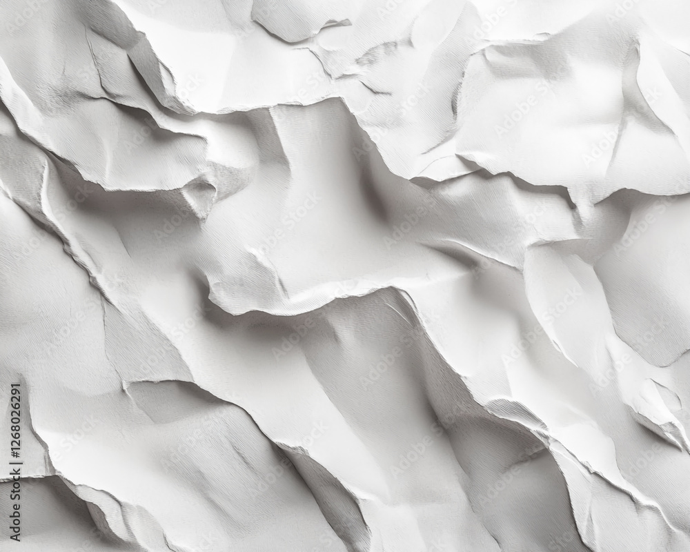 Poster close-up of crumpled white paper, showcasing textured folds and wrinkles, symbolizing abstract form,