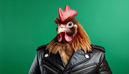 anthropomorphic chicken posing dressed with a leather jacket isolated on green background