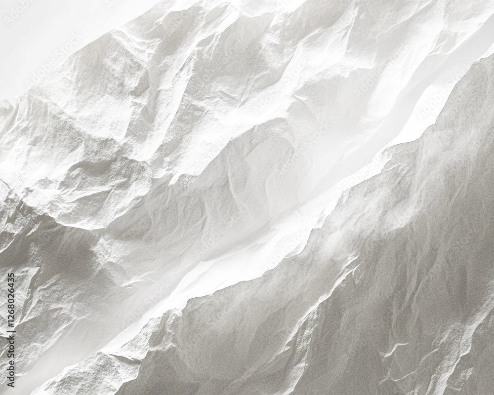Poster close-up of crumpled white paper with textured wrinkles and folds, showcasing abstract, minimalistic