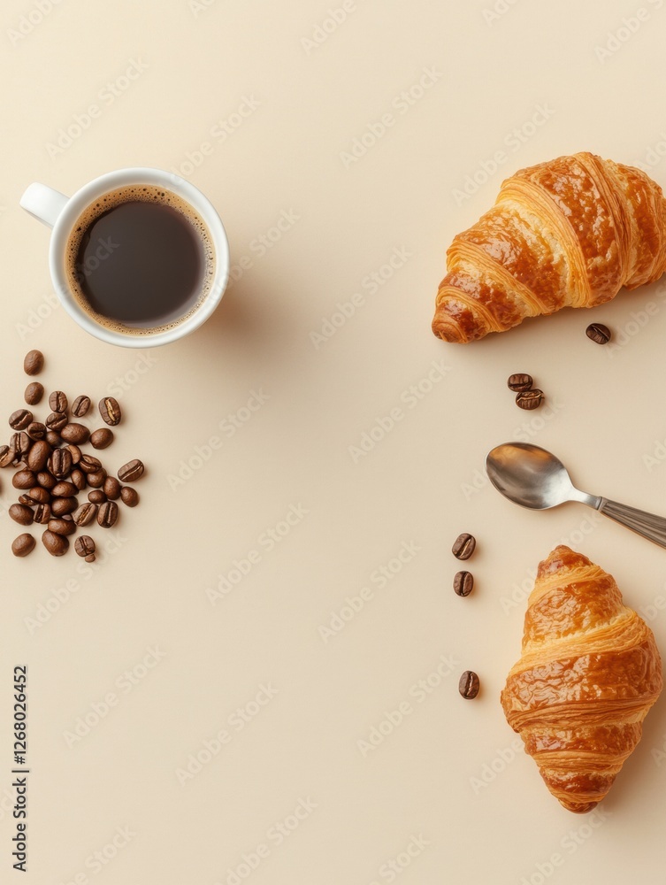 Poster Enjoying coffee and croissants in a cozy flat lay setting during a relaxing morning at home. Generative AI