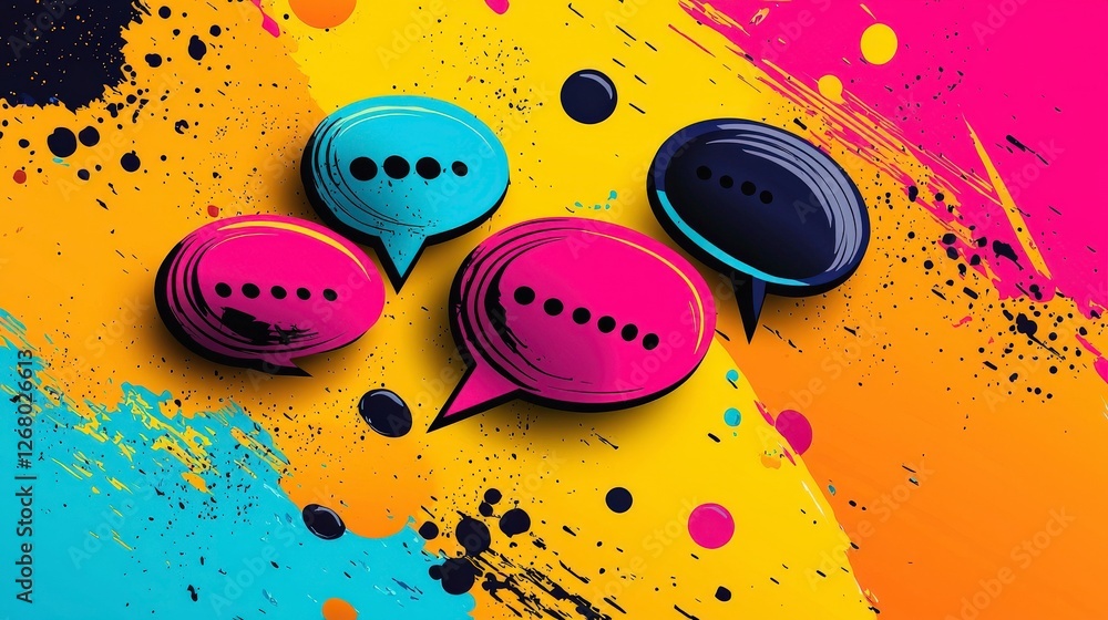 Aufkleber this vibrant image features four speech bubbles in bright colors against a dynamic abstract backgrou
