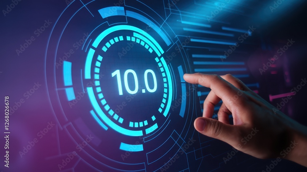 Poster hand touches a digital display showing the number ten point zero