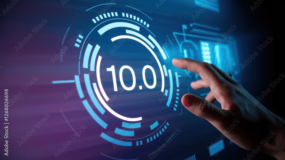 Poster hand interacts with bright digital display showing the number ten