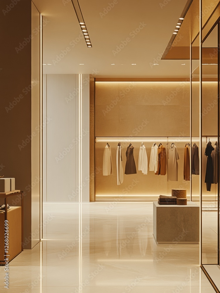Poster Modern clothing store interior with elegant design and minimalist display. Generative AI