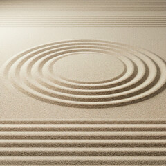 A tranquil Japanese zen garden with meticulously raked sand forming concentric circles.