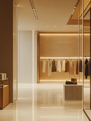 Modern clothing store interior with elegant design and minimalist display. Generative AI