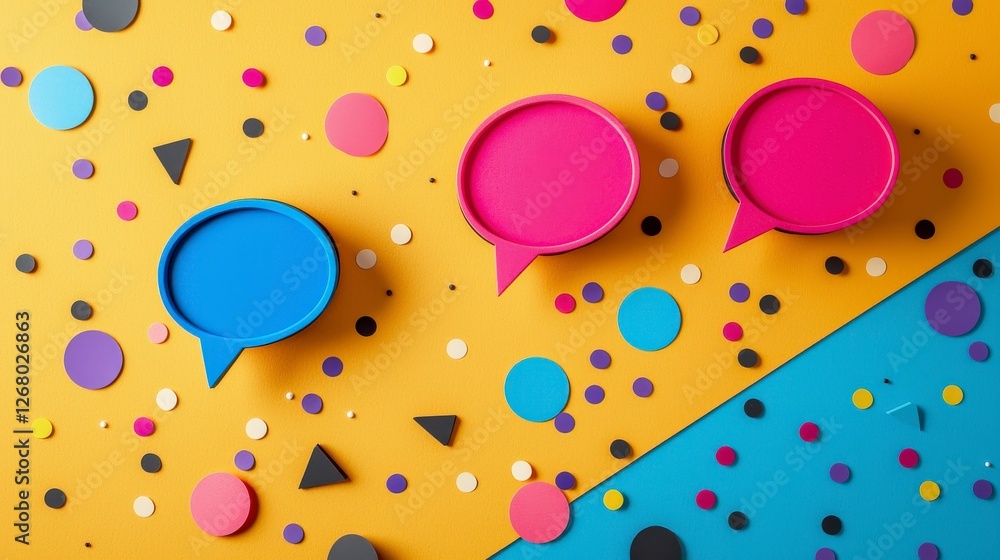 Poster an artistic arrangement of three speech bubbles alongside colorful geometric shapes creates a playfu