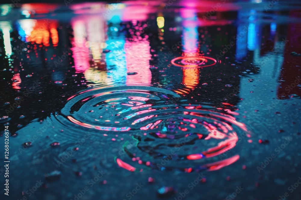 Poster colorful reflections create mesmerizing ripples on a still water surface at night in an urban settin