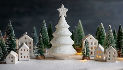 close up of a white christmas tree shaped candle surrounded by christmas trees and houses spinning against the backdrop of a christmas town