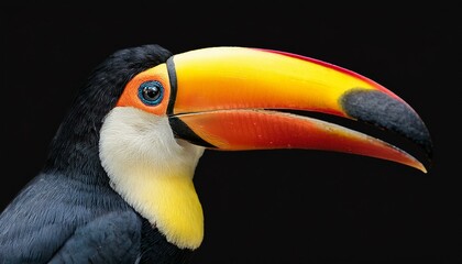 Obraz premium close up channel billed toucan ramphastos vitellinus portrait of bird with large beak isolated on black background