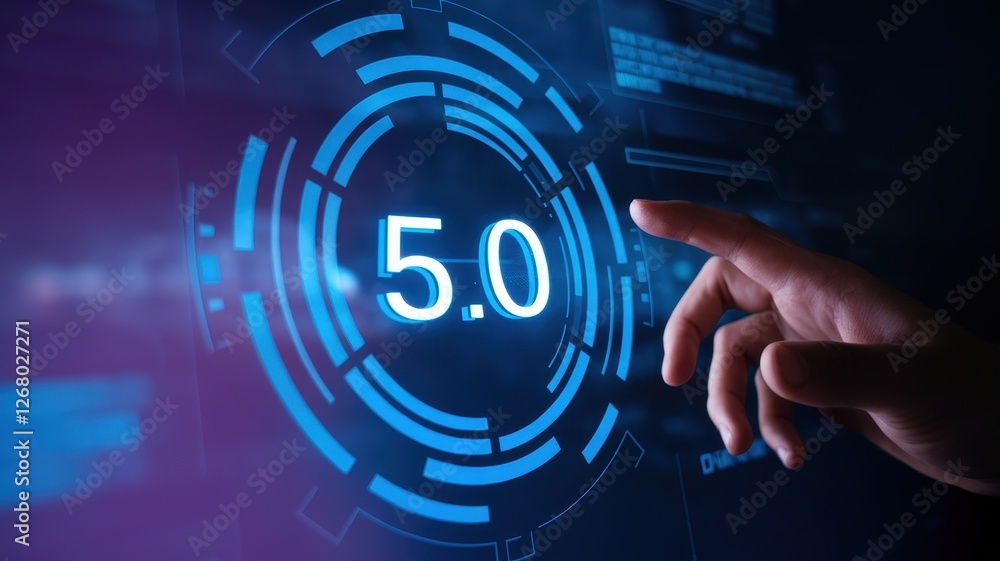 Poster digital hand interacts with holographic technology displaying the number five