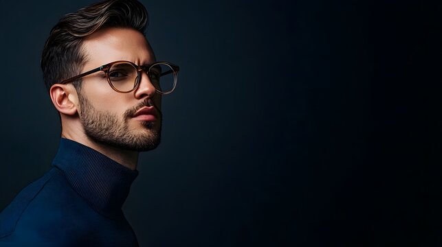 Stylish portrait of a young man with glasses studio setting fashion photography dark background side view modern aesthetic for creative professionals